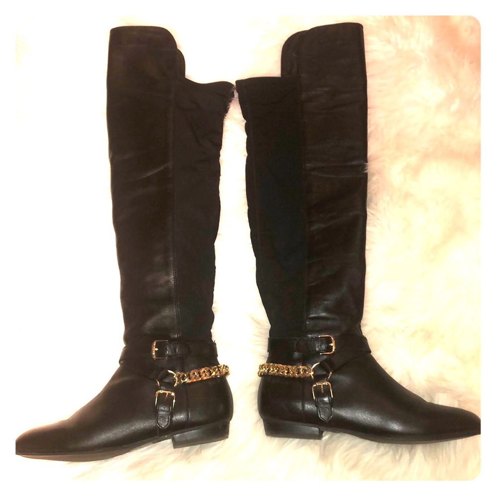 Aldo black boots with gold tinted chains accent